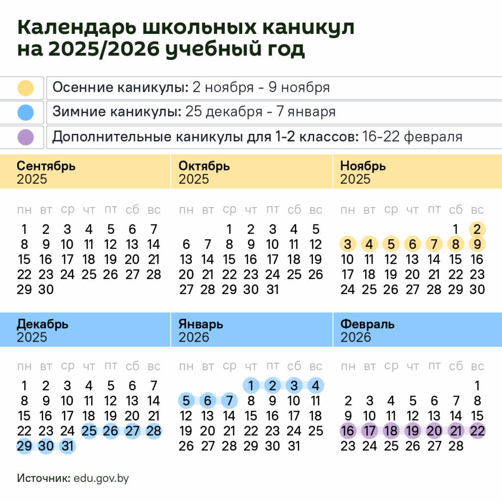 Даты школьных каникул в Беларуси в 2025/2026 учебном году